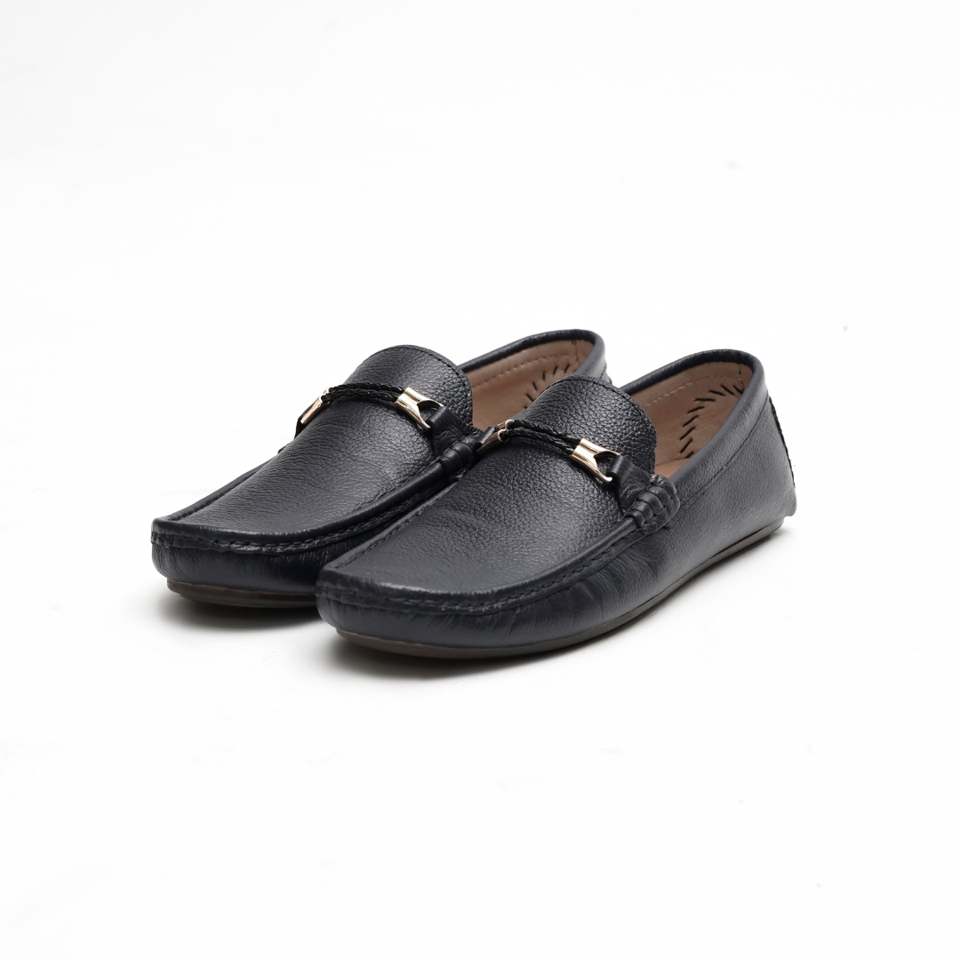 CLASSIC BLACK CALF LEATHER MOCCASIN PENNY LOAFER (DECORATIVE STRAP)