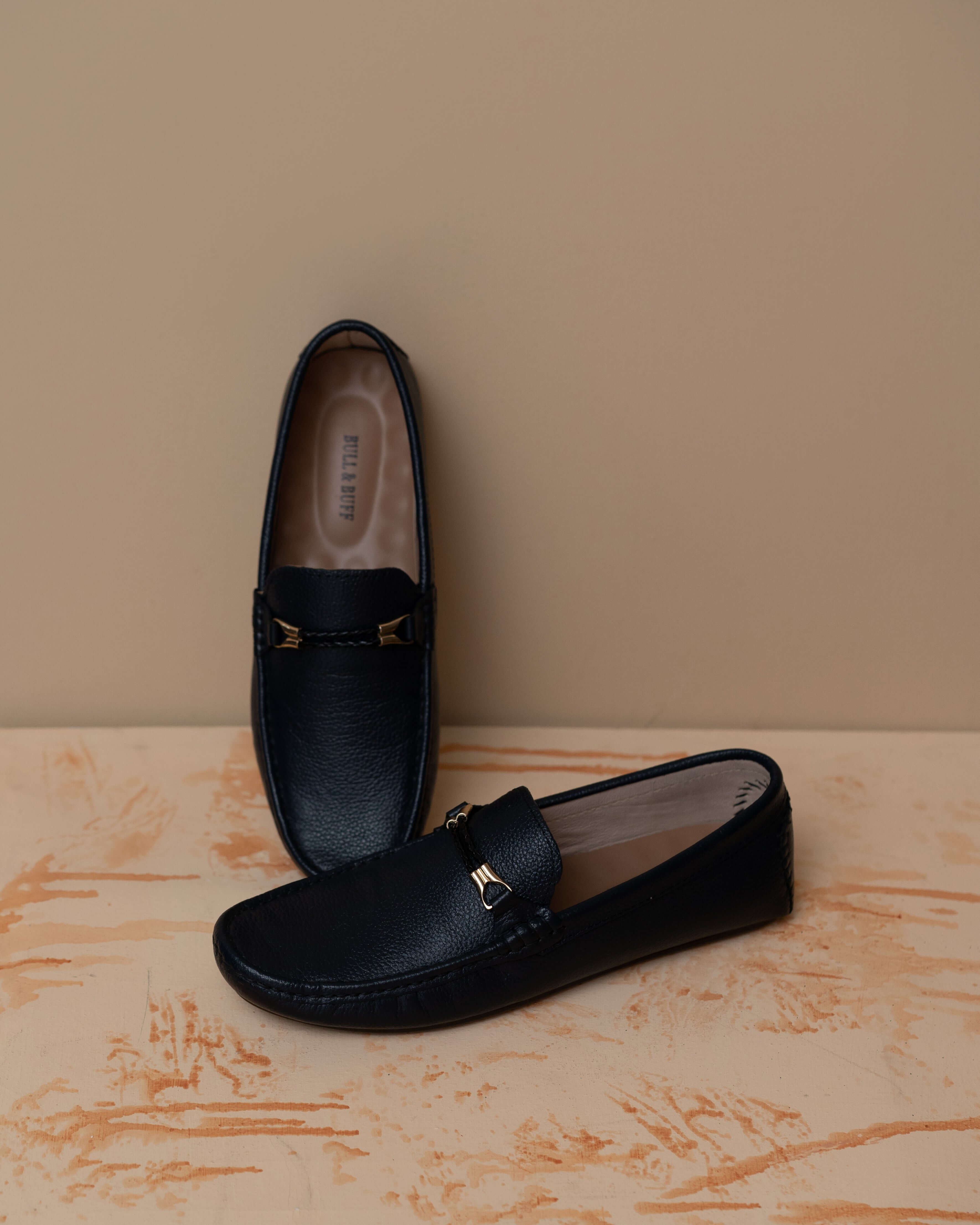 CLASSIC BLACK CALF LEATHER MOCCASIN PENNY LOAFER (DECORATIVE STRAP)
