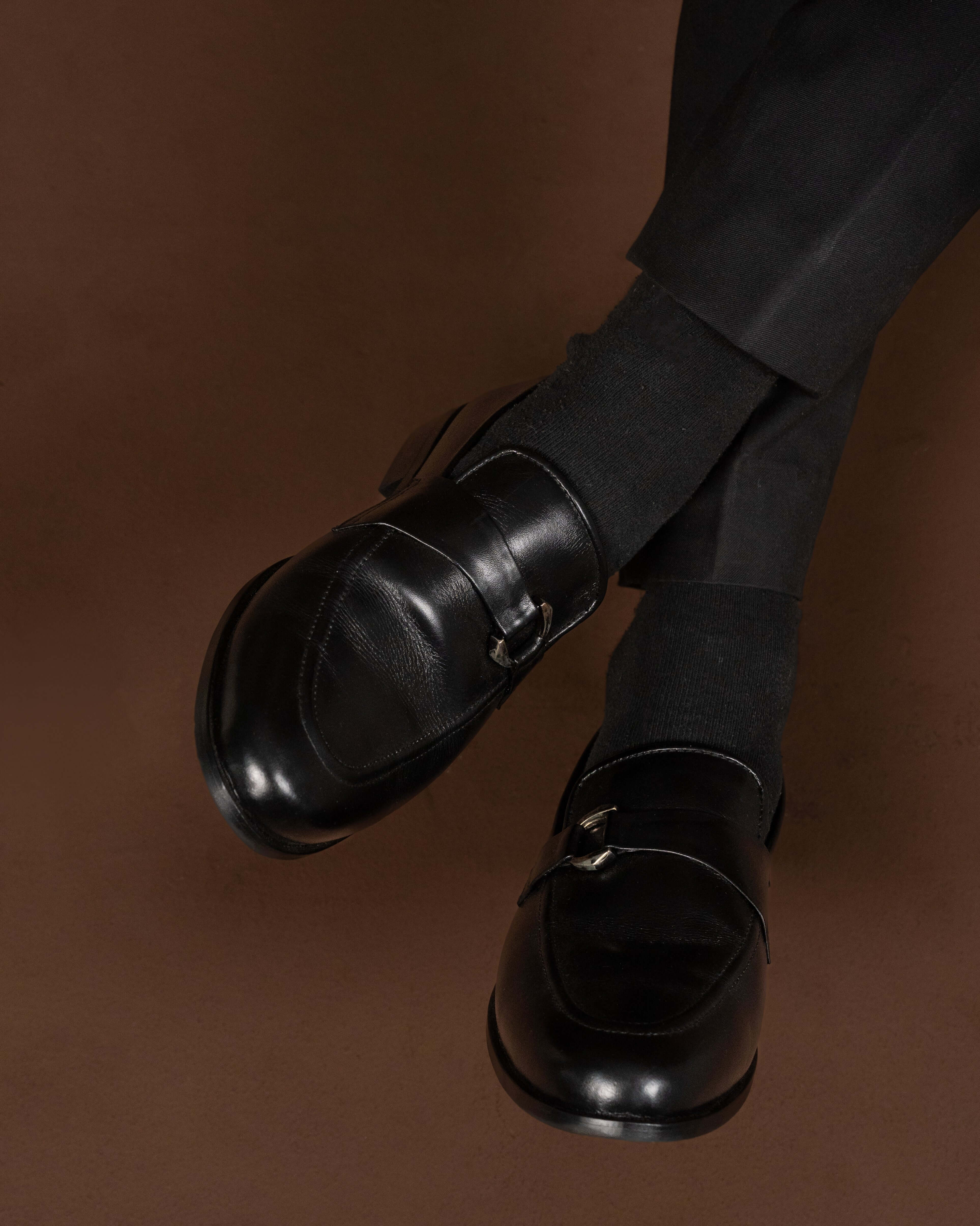 CLASSIC BLACK CALF LEATHER MONK STRAP LOAFERS